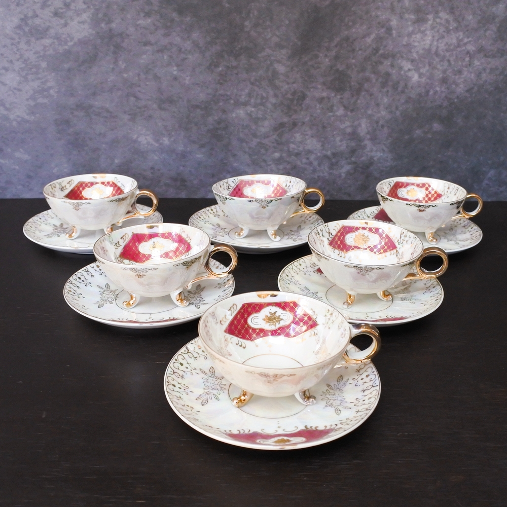 Vintage 1950s Lusterware Porcelain Red Gold Floral Tea Cup Saucer Set